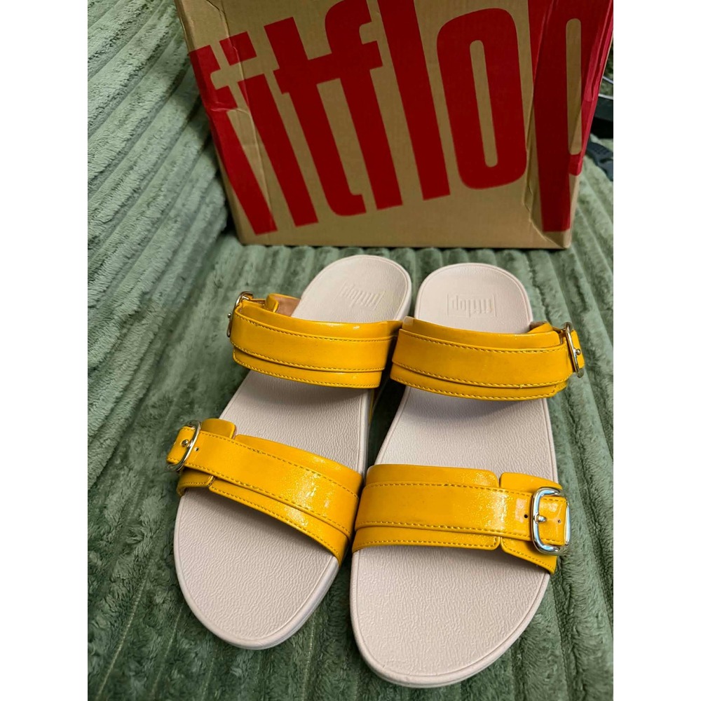New FitFlop Womens 9 Yellow Lulu Slide Sandals Patent Buckle Microwobbleboard